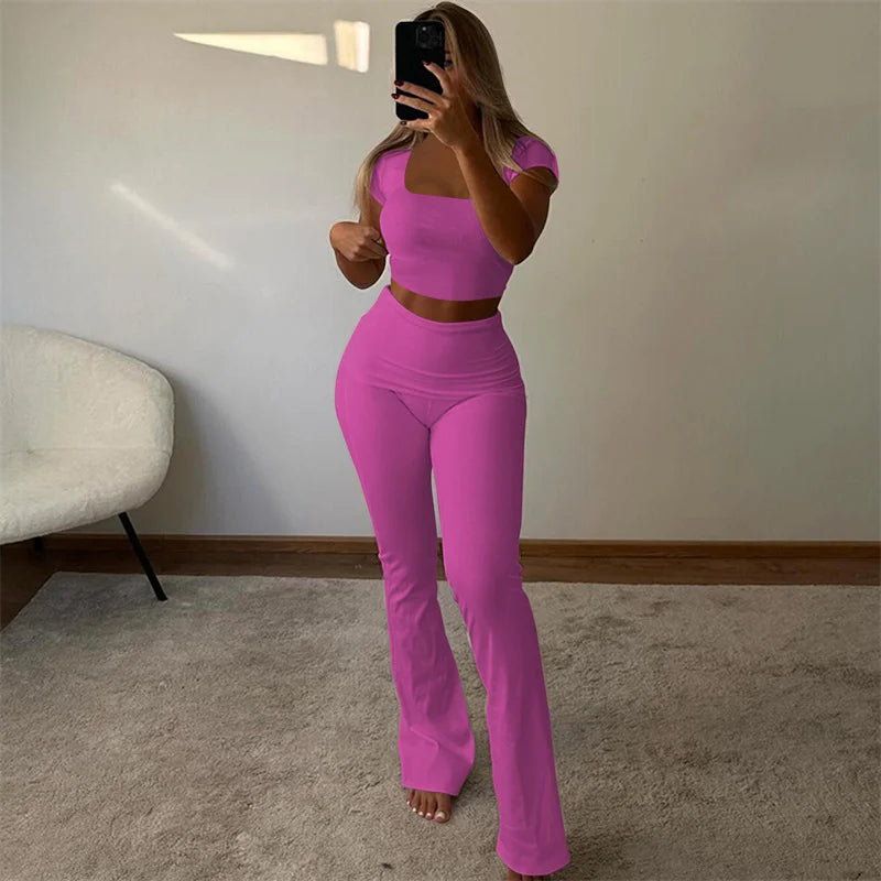 Solid Casual Matching Set Outfits for Women Two Piece Set Sporty Fitness Workout Crop Top and Flare Pants Track Suit Yoga Femme