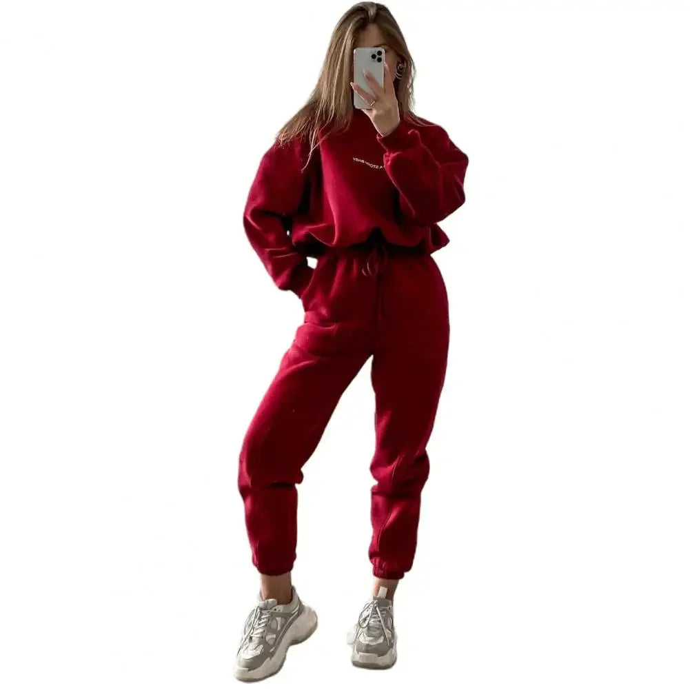 Spring Long-sleeved High-neck Printed Sweatshirt Casual Two-piece Set Tie-up Pleated Top Waist Sweatpants Sports Suit Women