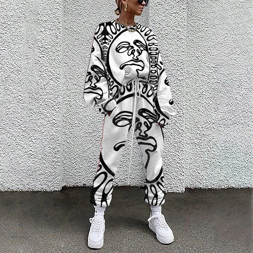 SOJINM Women Clothing 2 Piece Set Suit Outfits Abstract Printed Casual Sport Suit Streetwear Set Autumn Tracksuit sweatpants