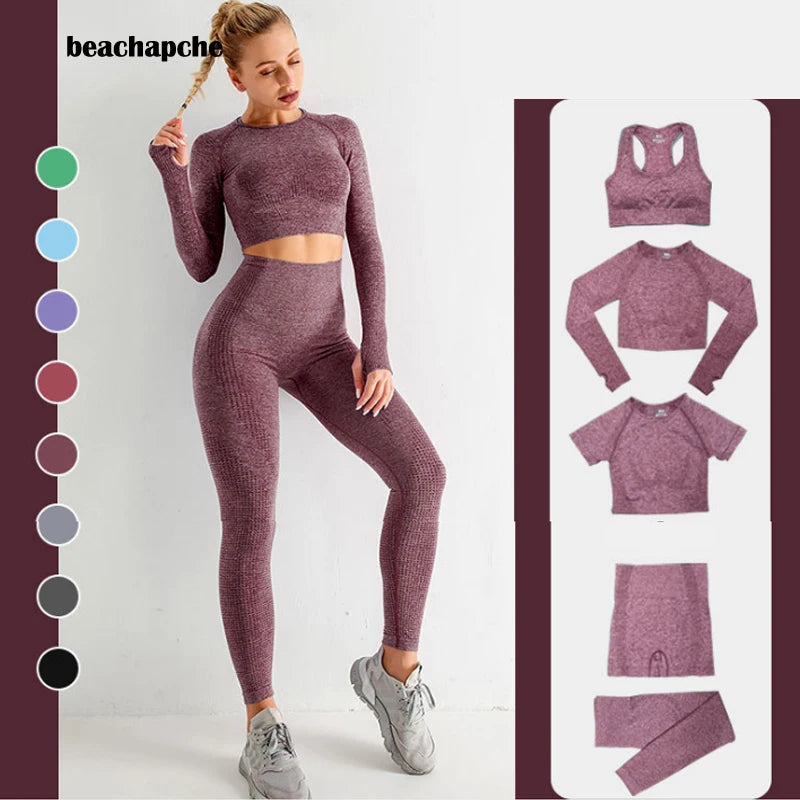 Beachapche  Seamless High Waisted Sports Yoga Sets For Women Fitness Leggings Short Sleeve Push Up Sports Bra Track Suit