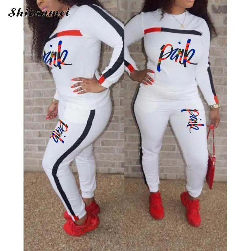 Casual Tracksuit Set Pink Letter Print 2 Piece Sets Women Full Sweatshirt Long Pants Suits Sporty Outfit Autumn Female Sweatsuit