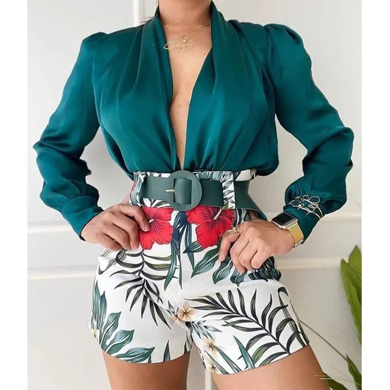 Beach Holiday Women's Tracksuit Floral Leaf Long Sleeve Shirt and Shorts Matching Two 2 Piece Set Outftis Sweatsuit