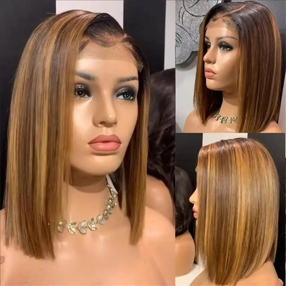 Highlight 4/27 Brazilian Remy Hair Short Bob Ombre Human Hair Wigs Honey Blonde Wig Straight Bob Wig 13x4 Lace Front Wigs Bob