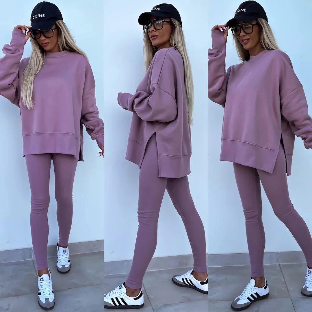 Casual Hooded Tight Pencil Pants Women's 2-piece Set Sweatshirt Autumn Long-sleeved Loose O Neck Top Trousers Yoga Sports Suit