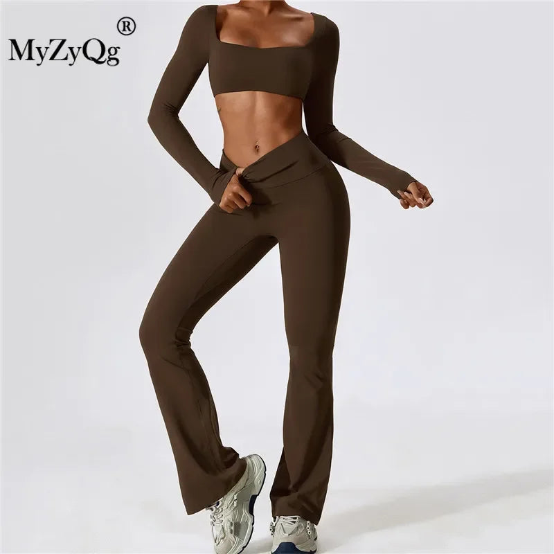 MyZyQg Women Autumn Shock-proof Two Piece Yoga Suit Quick Dry Fitness Casual Sports Long Sleeve T-shirts Flare Pant Set