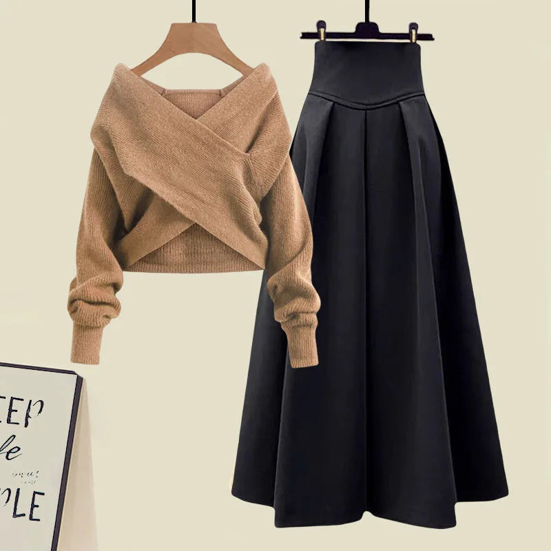 Korean Style Autumn New Chest Cross Knitted Sweater Pullover Pleated Half Skirt Two-piece Set Fashionable Women's Skirt Set