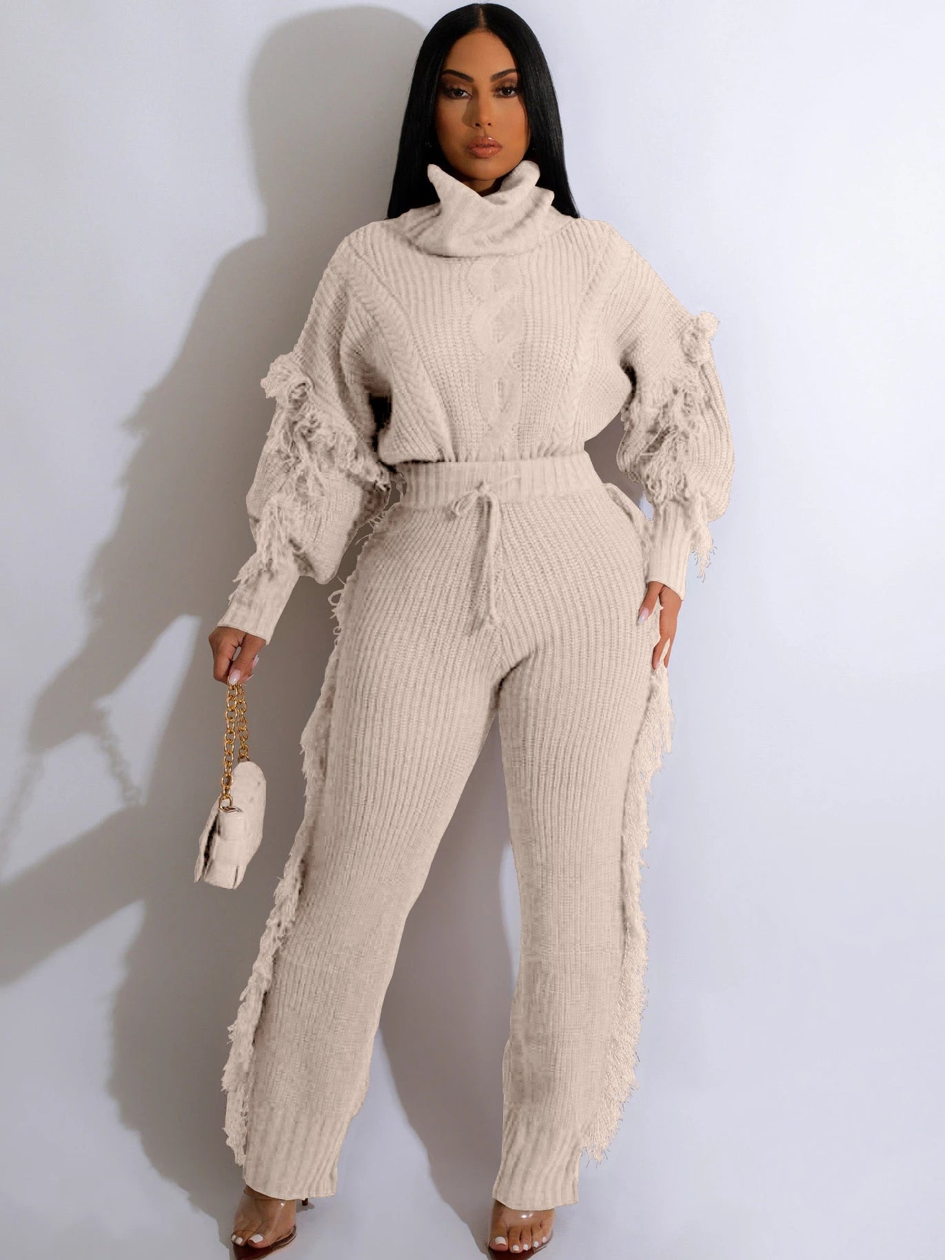 Knit Sweater Set Women Tracksuit Autumn Tassel Sleeve Turtleneck Pullover Tassel Side Pants Suit Casual Warm Two 2 Piece Outfits