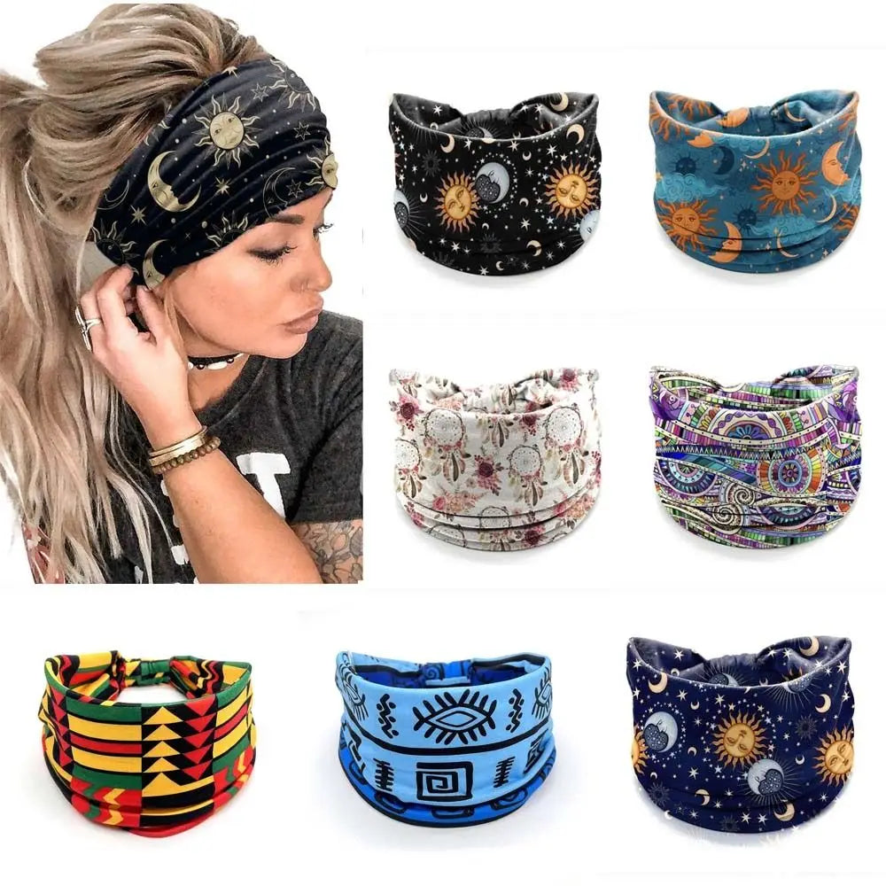 Vintage Knot Wide Headbands New Flower Print Boho Printed Headscarf Star Printed Wide Brim Hair Accessories Yoga