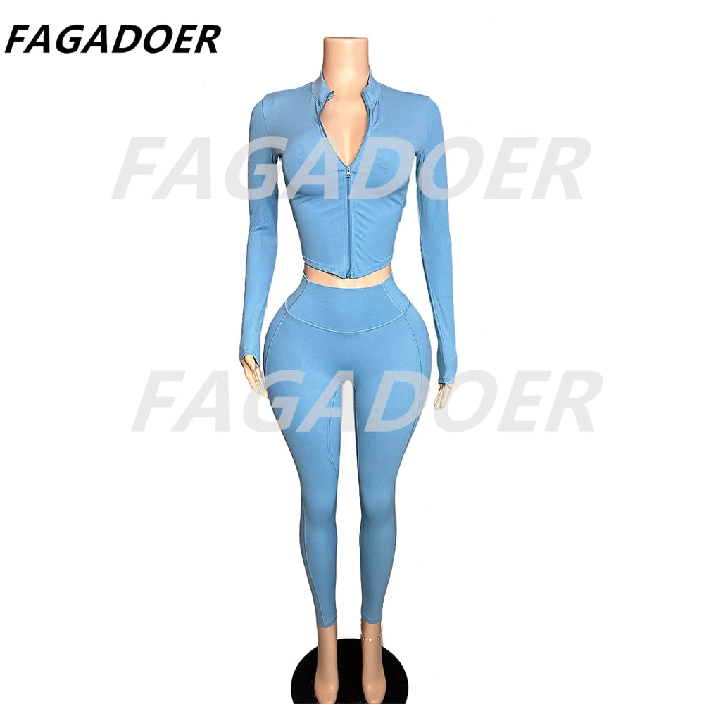 FAGADOER Candy Color Sporty 2pcs Sets Outfits Quality Stretchy Tracksuit Female Workout Streetwear Jacket + Leggings  Pants Suit