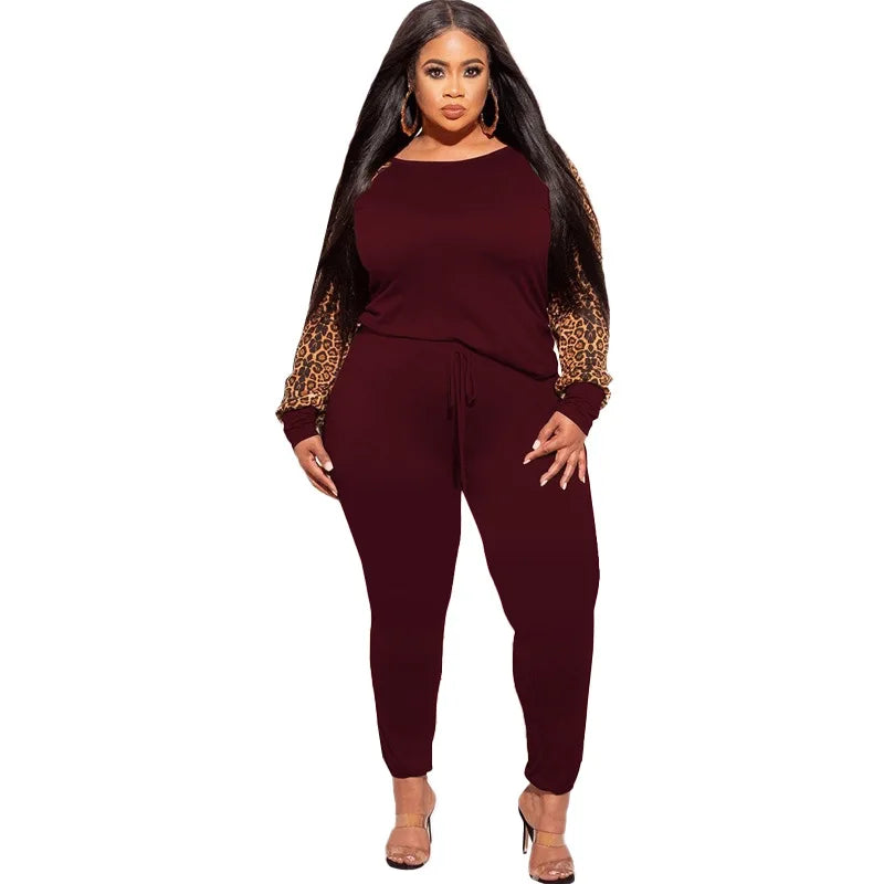 Plus Size Sets 2 Piece Outfit Women Fall Clothes Sweatsuit Tracksuit Leopard Patchwork Crop Top Leggings.