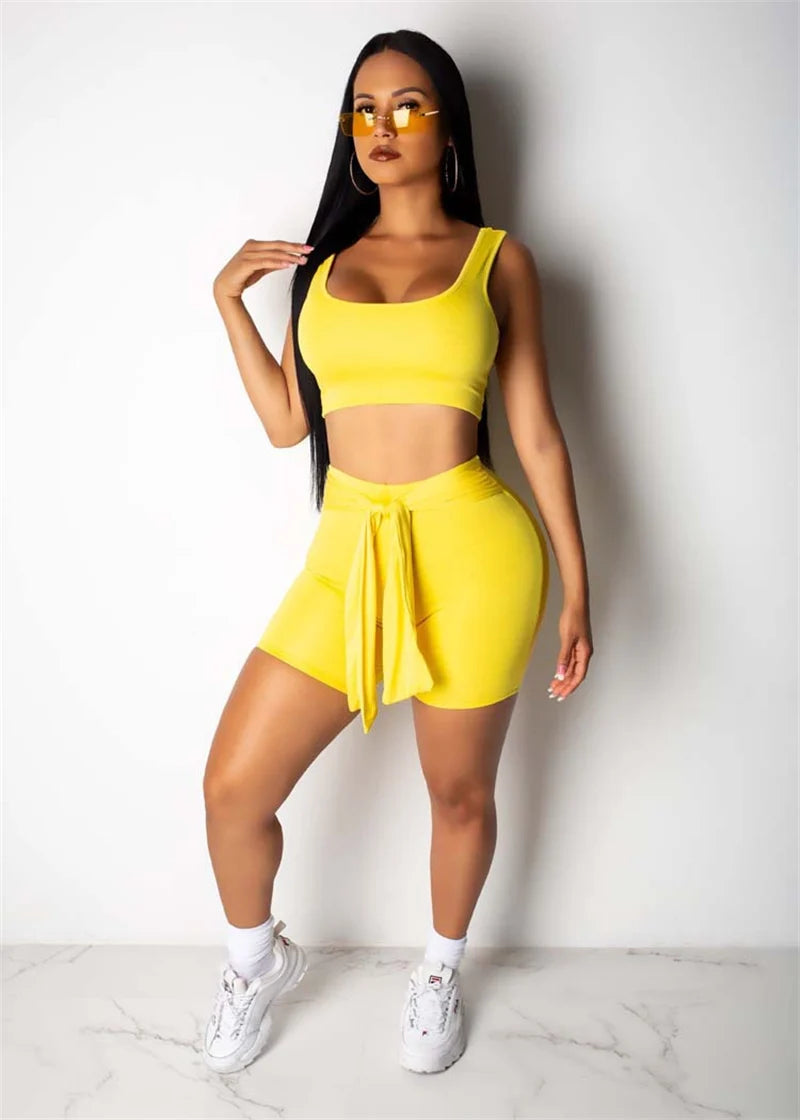 Summer Trachsuit Women Two Piece Suits Sporty Outfits U-neck Tank Crop Top and Lace-up Shorts Casual Fitness Matching Sets Yoga