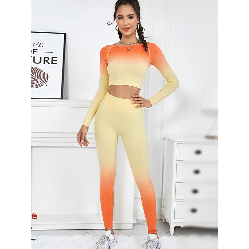 Gymdolphis 2024 New Fashion Gradient Color Slim Fit Yoga Suit Spring Summer Long Sleeves Top & Leggings Fitness Sets For Women