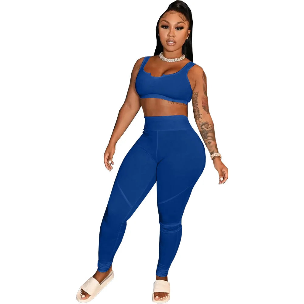 Fitness Women Yoga Tracksuit Workout Two Piece Set Solid V Neck Vest Tank Top Legging Pants Outfit Sport Matching Set Home Suit