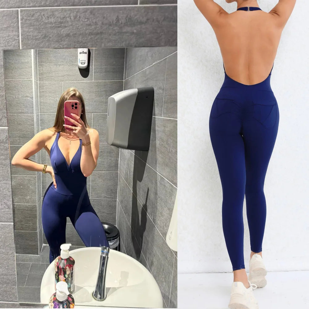 Pad Halter V Scrunch Romper Women One Piece Jumpsuit Workout Yoga Set Open Back Gym Clothing Scrunch Proof Butt Gym Active Suit