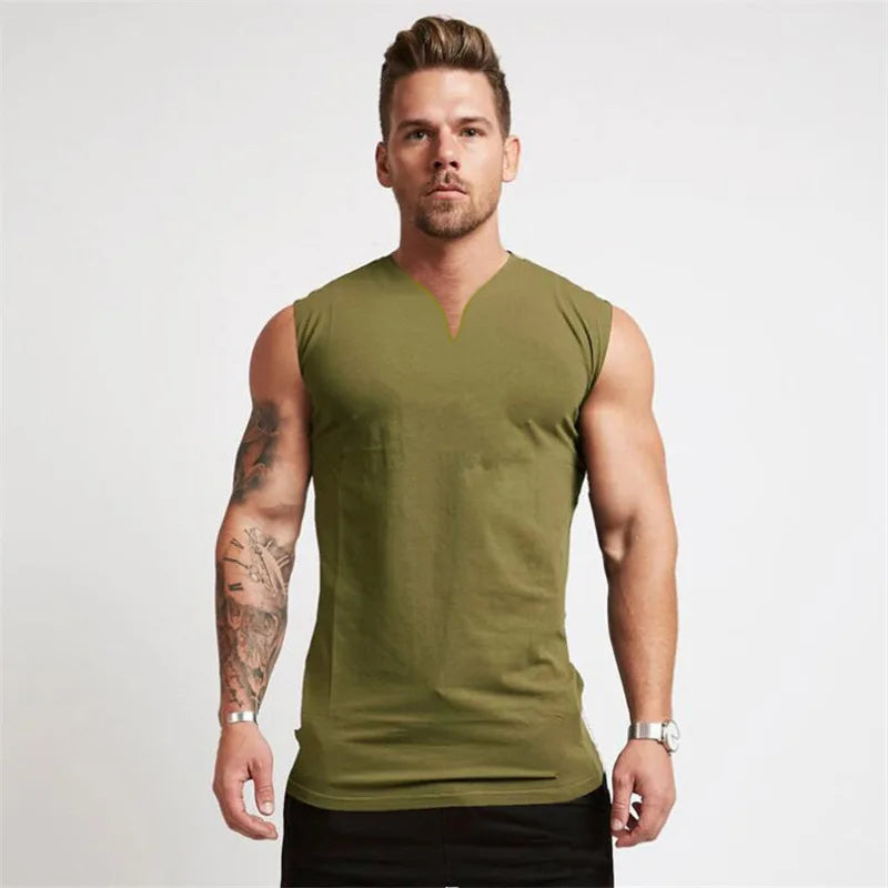 2023 Cotton V-neck Fitness Tank Top Men Summer Muscle Vest Gym Clothing Bodybuilding Sleeveless Shirt Workout Sports Singlets