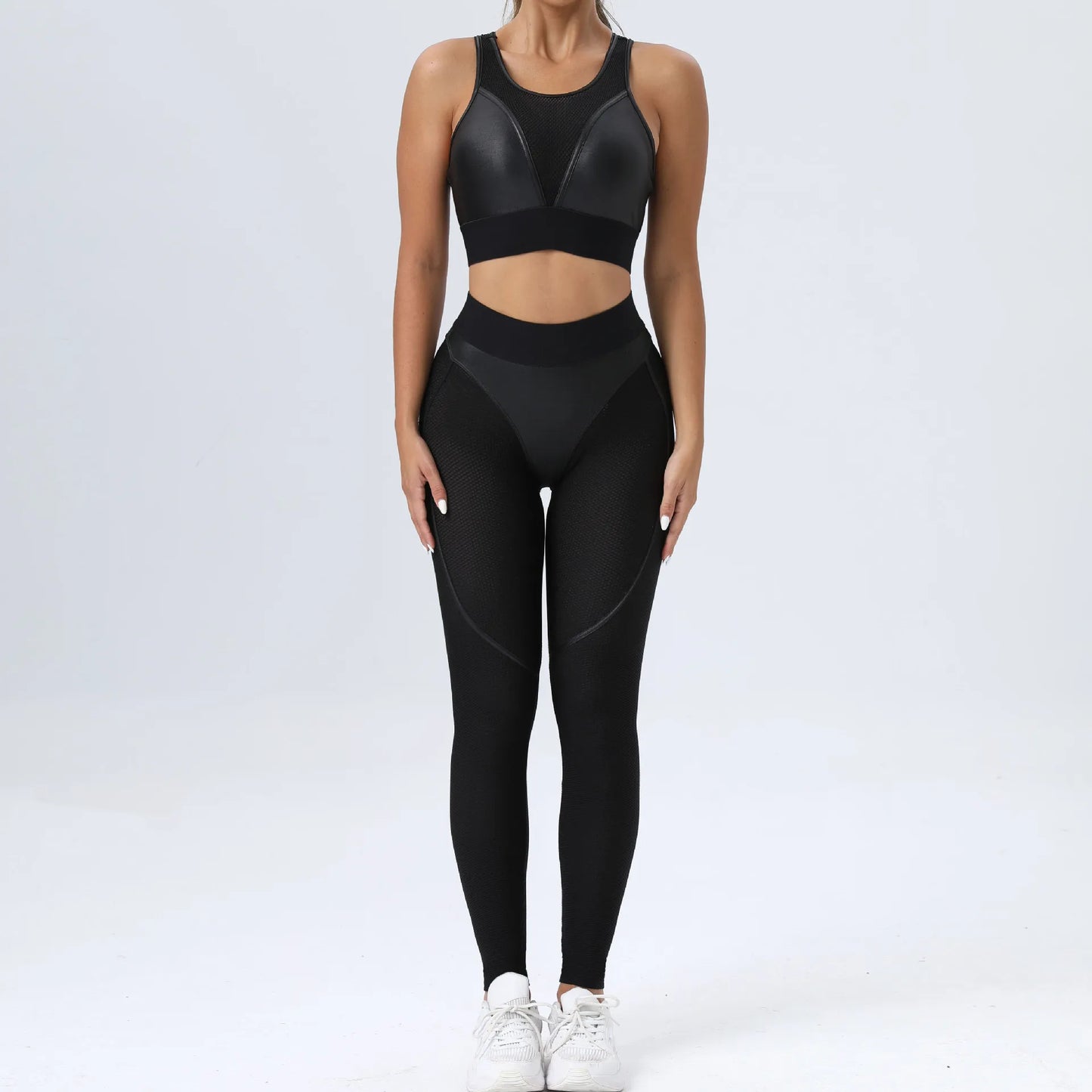 INS American Spicy Girls Street Fashion Sporty Style Personalized Mesh Panel Contrast Hip Lift Fitness Bodysuit Pants Yoga Suit