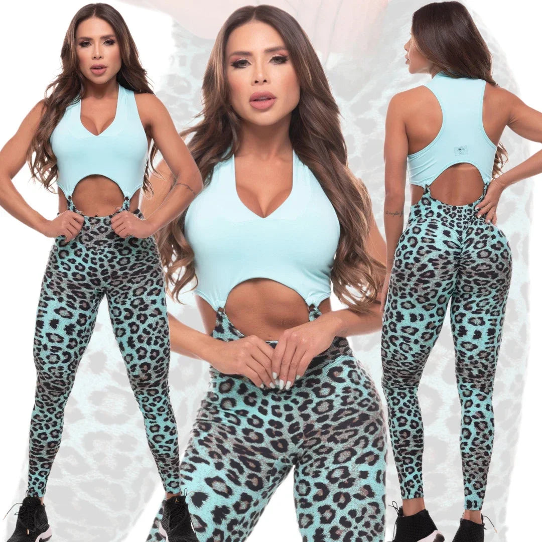 Sport Bra Scrunch Pant Leopard One Piece Jumpsuits - Women's Active Wear Suits for Gym Fitness Workout Legging.