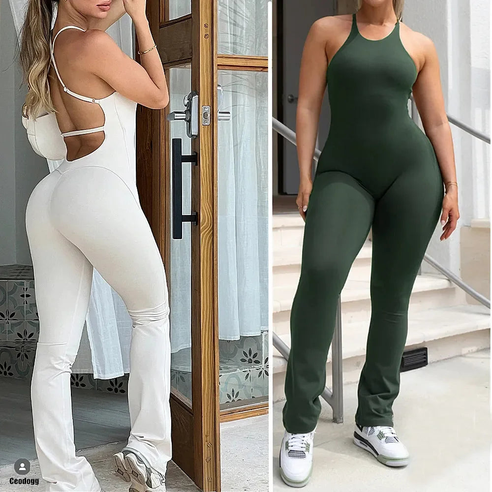 2024 Nylon Pad Bunny Sportwear Fitness Yoga Set Workout Flared Legging One Piece Jumpsuit Pants Exercise Active Wear Bodysuit