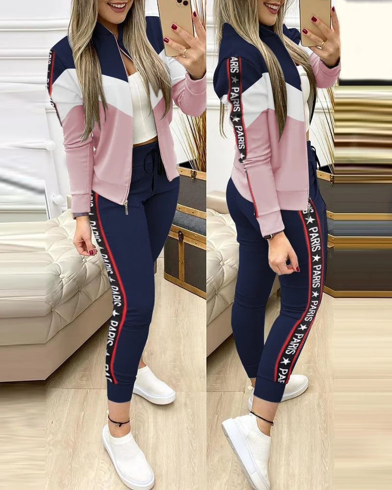 Spring Leisure Sports Zipper Tops Coat Pants 2 Two Pieces Sets For Women Striped Stitching Comfortable Activewear Sets