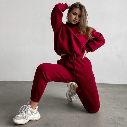 Spring Long-sleeved High-neck Printed Sweatshirt Casual Two-piece Set Tie-up Pleated Top Waist Sweatpants Sports Suit Women