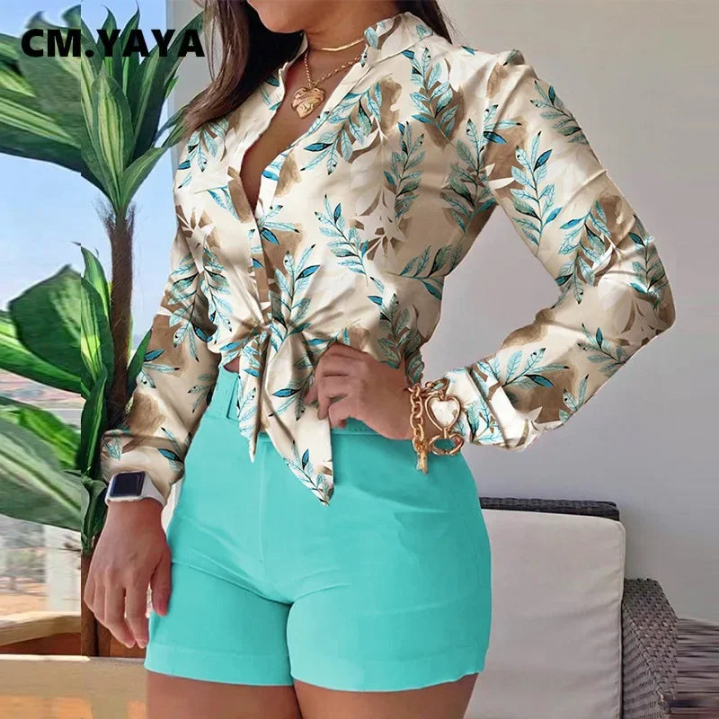 Beach Holiday Women's Tracksuit Floral Leaf Long Sleeve Shirt and Shorts Matching Two 2 Piece Set Outftis Sweatsuit