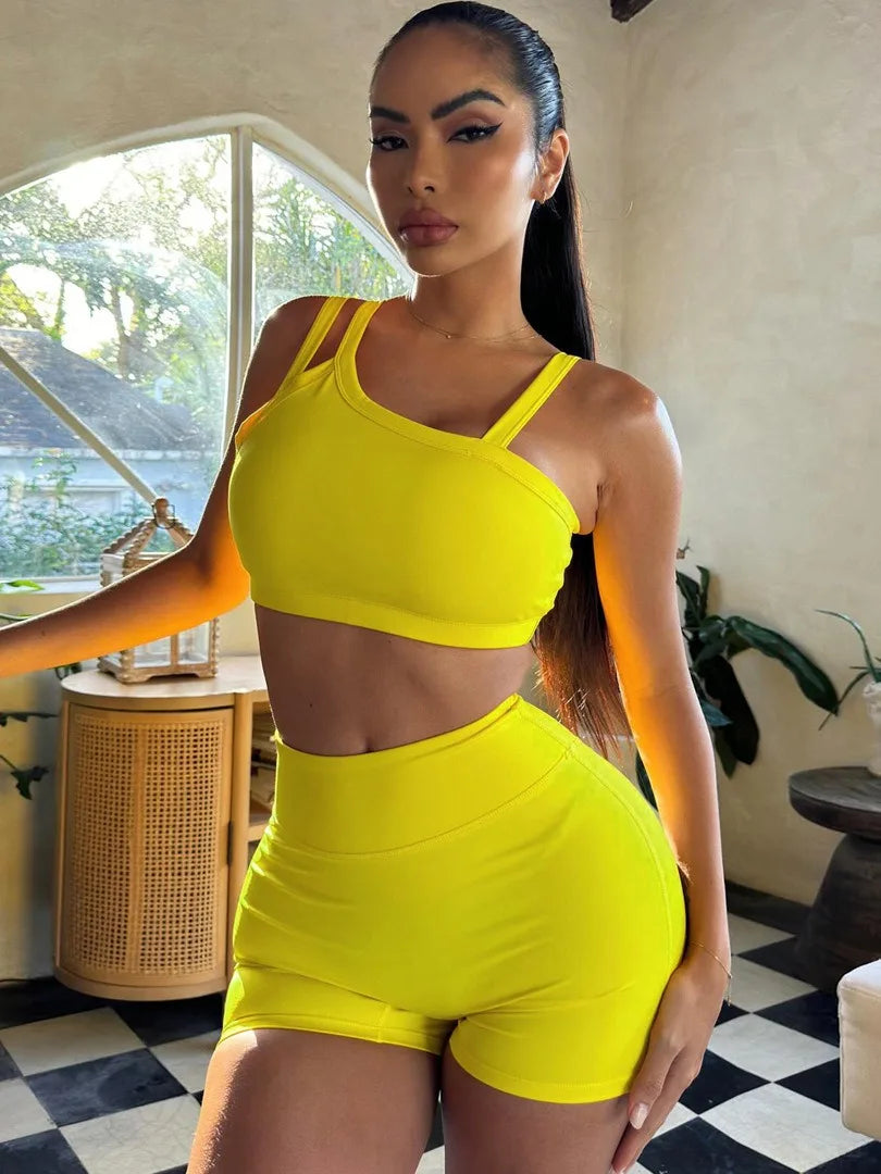 Casual Workout Sets 2 Piece Outfits for Women Ribbed Crop Tank Top High Waist Yoga Shorts Lounge Wear Tracksuit