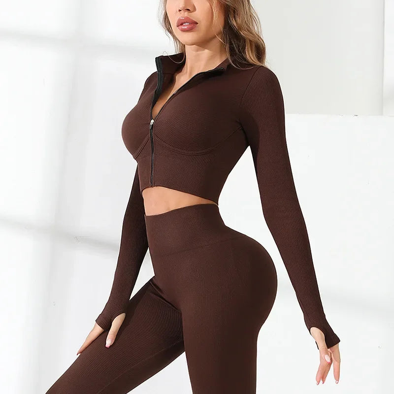 Seamless Sport Set Women Workout Clothes Gym Yoga Set Tracksuit Zipper Long Sleeve Crop Top Leggings Active Wear Running Suit