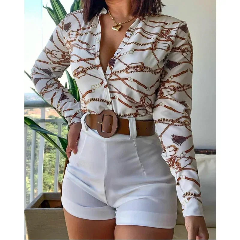 Beach Holiday Women's Tracksuit Floral Leaf Long Sleeve Shirt and Shorts Matching Two 2 Piece Set Outftis Sweatsuit