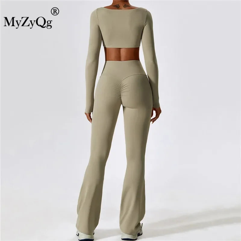 MyZyQg Women Autumn Shock-proof Two Piece Yoga Suit Quick Dry Fitness Casual Sports Long Sleeve T-shirts Flare Pant Set