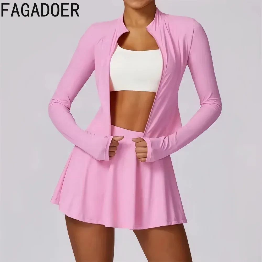 FAGADOER Women Elasticity Solid Sporty Mini Skirts Two Piece Sets Casual Zip Long Sleeve Slim Coat And Skirts Yoga Outfits 2024