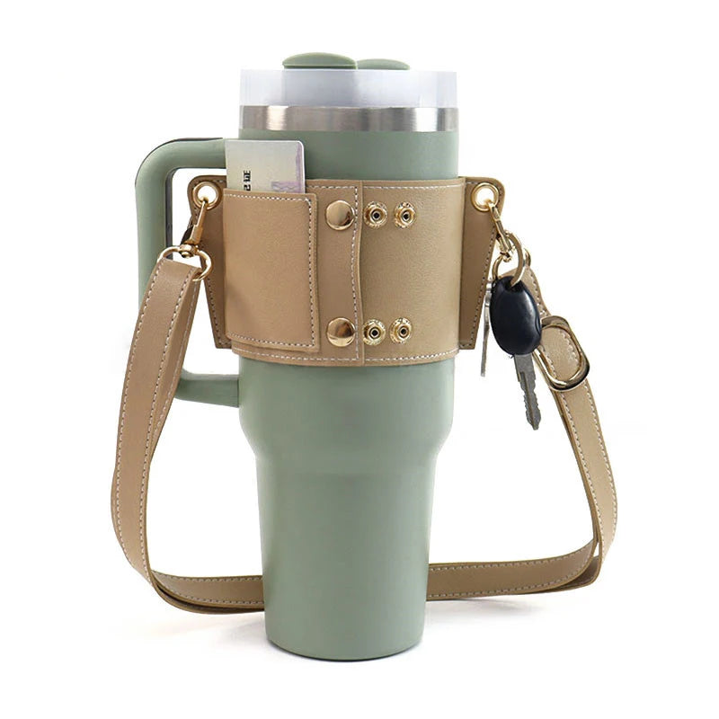 Water Bottle Handle Shoulder Strap Universal Water Bottle Carrier Travel PU Leather Coffee Mug Holder for Stanley 30oz/40oz Cup