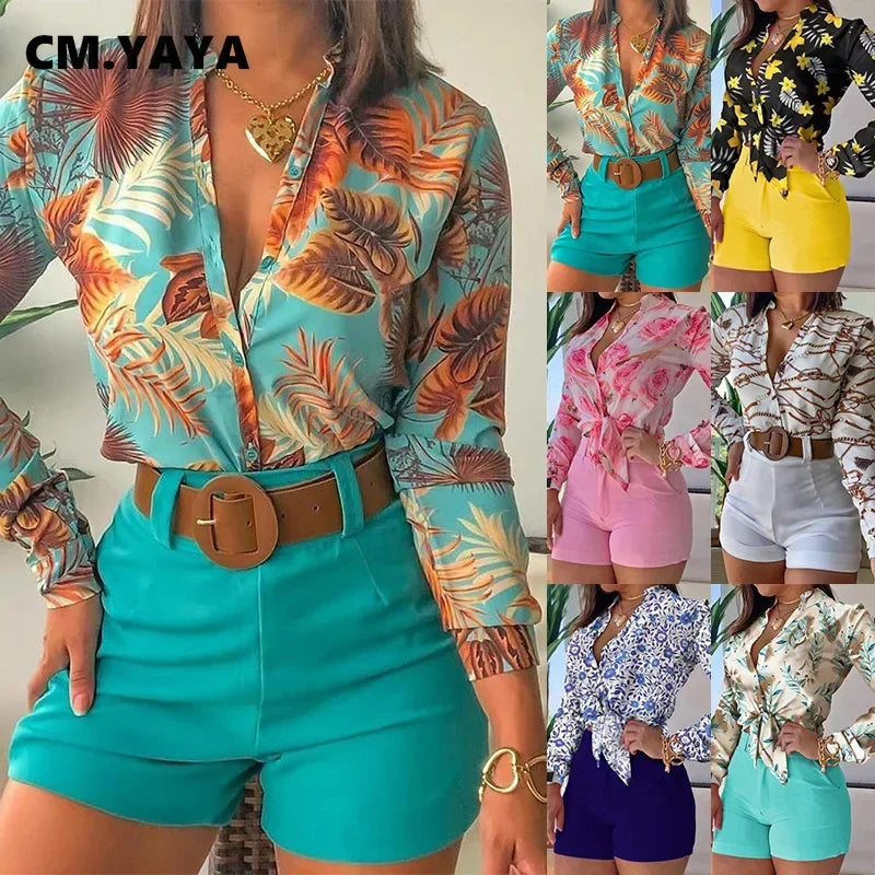 Beach Holiday Women's Tracksuit Floral Leaf Long Sleeve Shirt and Shorts Matching Two 2 Piece Set Outftis Sweatsuit