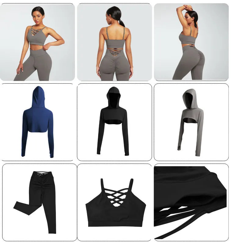 Fashionable Hot Selling Yoga Suit Set Cross Back Underwear Hooded Top Pants Three Piece Set Sports And Fitness Running Set