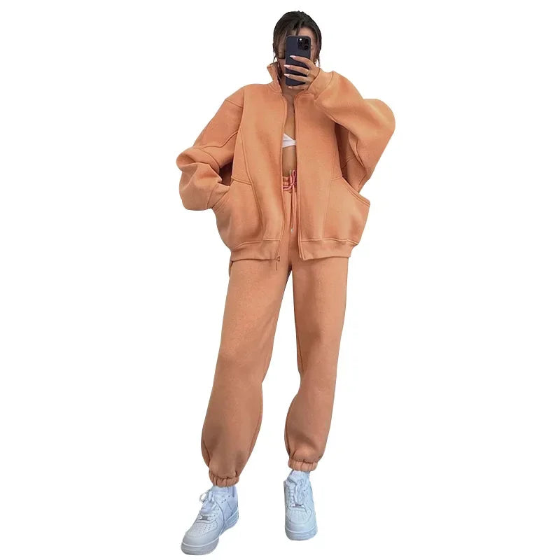 2024 Women’s Two Piece Outfits Set Long Sleeve Stand Collar Zip Up Sweatshirt and Pants Set Active Wear Warm Thick Sports Suit