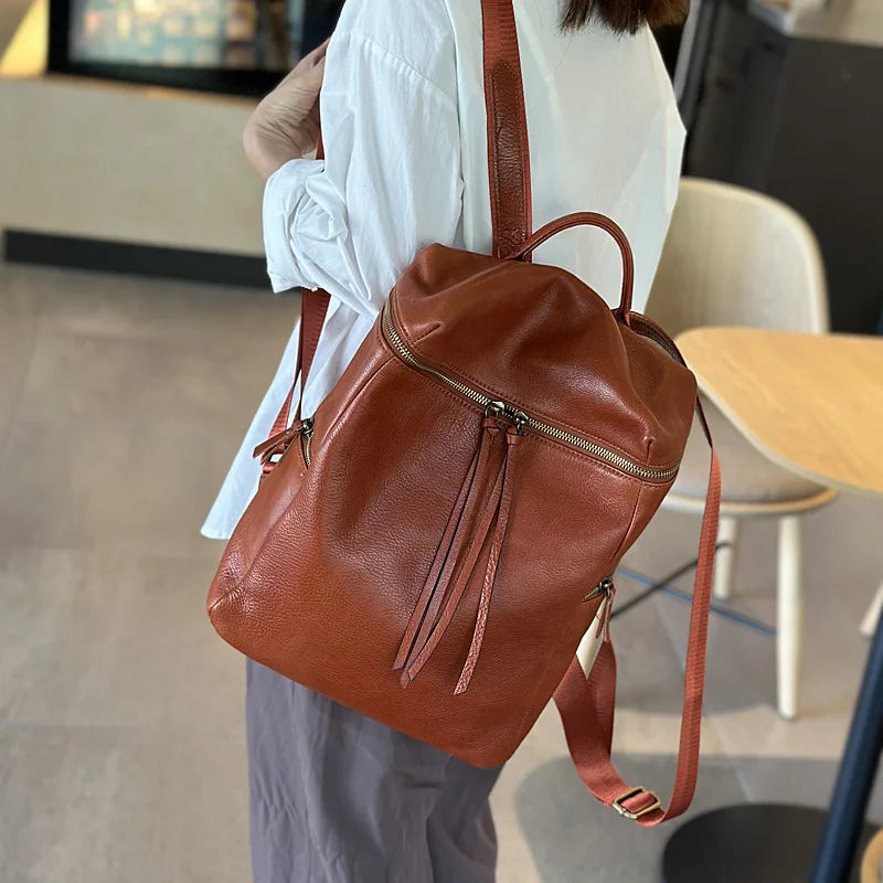 Tanned Leather Backpack Women's Vintage Genuine Bag Simple Top Layer Cowhide Travel Large Capacity Bags