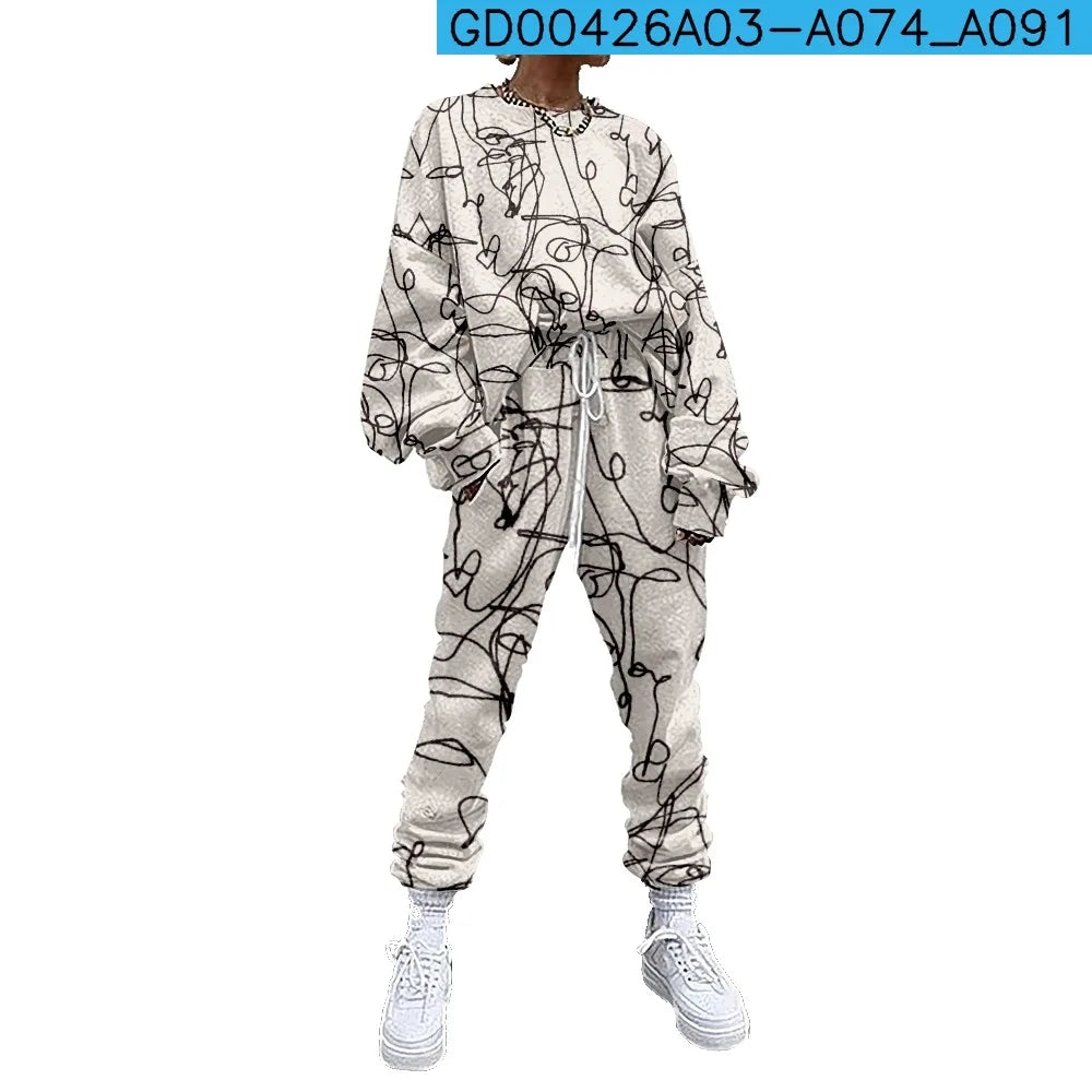 SOJINM Women Clothing 2 Piece Set Suit Outfits Abstract Printed Casual Sport Suit Streetwear Set Autumn Tracksuit sweatpants