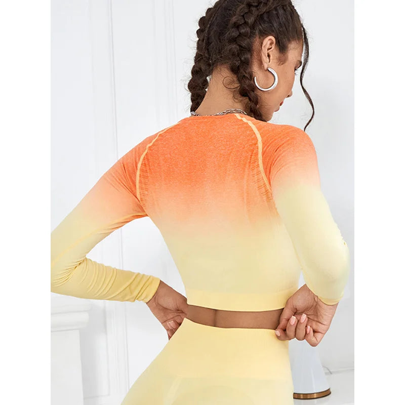 Gymdolphis 2024 New Fashion Gradient Color Slim Fit Yoga Suit Spring Summer Long Sleeves Top & Leggings Fitness Sets For Women