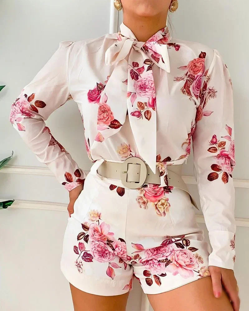 Beach Holiday Women's Tracksuit Floral Leaf Long Sleeve Shirt and Shorts Matching Two 2 Piece Set Outftis Sweatsuit