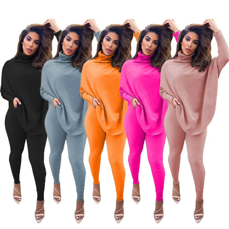 New Two Piece Set Women Fall Winter Clothing Solid Loose Top Leggings Sweatsuit Joggers Matching Set