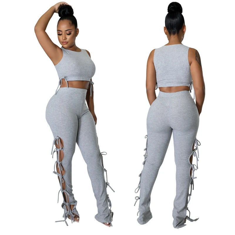 Solid Hollow Out Lace Up Sleeveless Two Piece Matching Sets Women Skinny Sporty Tank Top+Pants Leggings Workout Stretchy Outfits