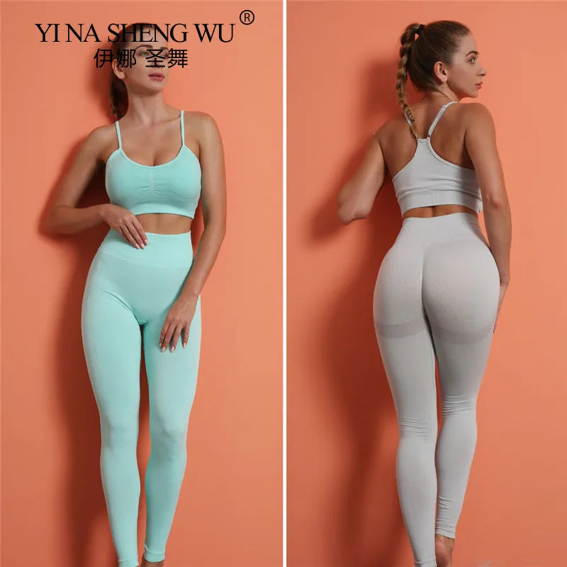 Seamless Yoga Set Women Fitness Pants Clothing Sportswear Woman Gym Leggings Padded Push-up Strappy Sports Bra 2 Pcs Sports Suit