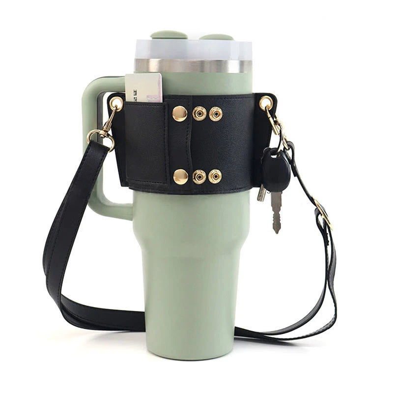 Water Bottle Handle Shoulder Strap Universal Water Bottle Carrier Travel PU Leather Coffee Mug Holder for Stanley 30oz/40oz Cup