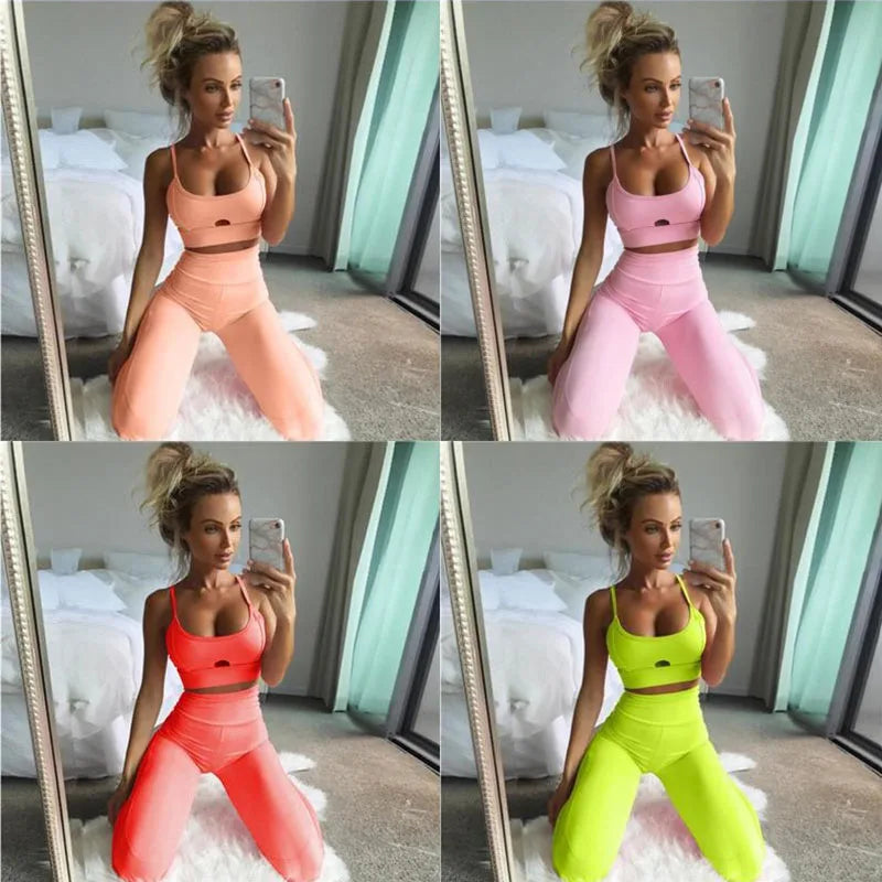 Women Yoga Bra Sets Quick Dry Tracksuit Running Sports Pink Hollow Fitness Bra Suit Female Elastic Workout Leggings Gym Clothing