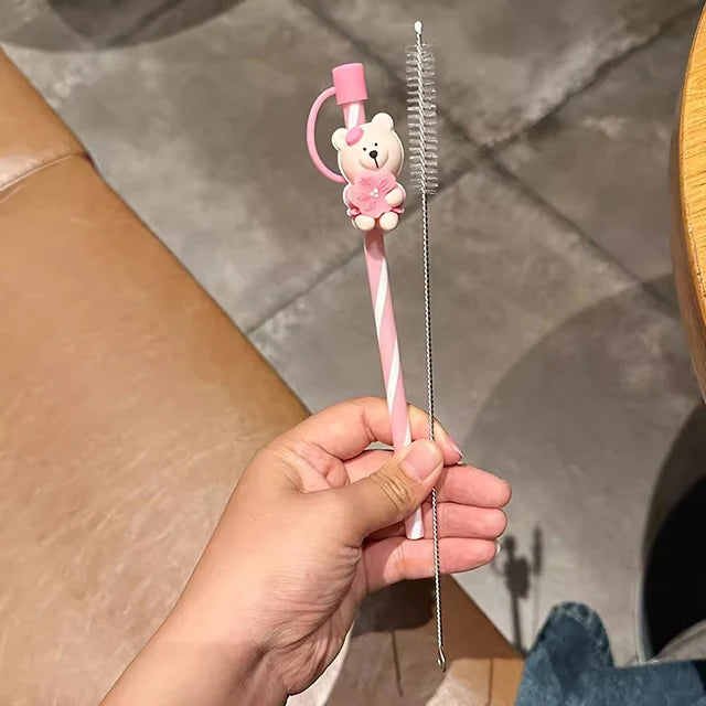 Cute Silicone Straw Cover For 7-8mm Straws With Brush Reusable Splash Proof Straw Cap Topper For 30 40oz Tumbler Cup Accessories