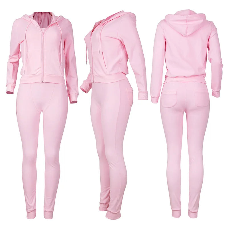 Casual Velvet Tracksuit Women 3 Piece Set Hooded Zipper Sweatsuit Top+Tank+Skinny Leggings Pants Jogging Suit Matching Sets Yoga