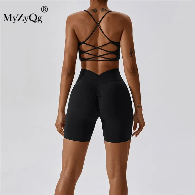 MyZyQg Women 2 Pcs Set Yoga Pilate Bra Beauty Back Cross Leggings Running Sports Underwear Quick Dry Tight Fitness Short Suit