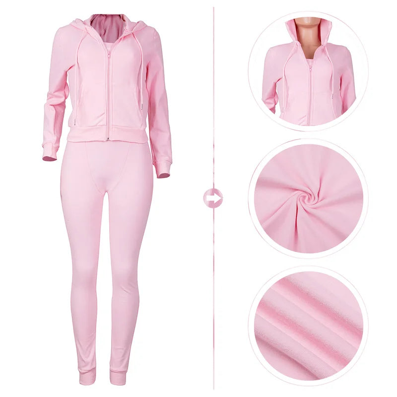 Casual Velvet Tracksuit Women 3 Piece Set Hooded Zipper Sweatsuit Top+Tank+Skinny Leggings Pants Jogging Suit Matching Sets Yoga