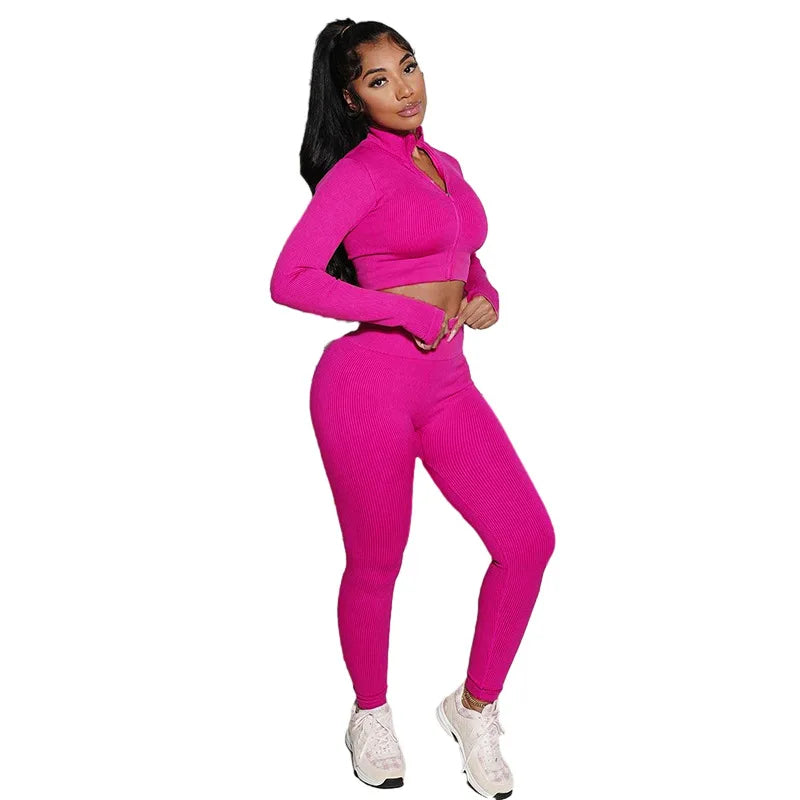 Casual Sportswear Workout Ribbed Long Sleeve Front Zip Crop Tops and Leggings 2024 Spring Autumn Yoga 2 Piece Sets Women Outfit