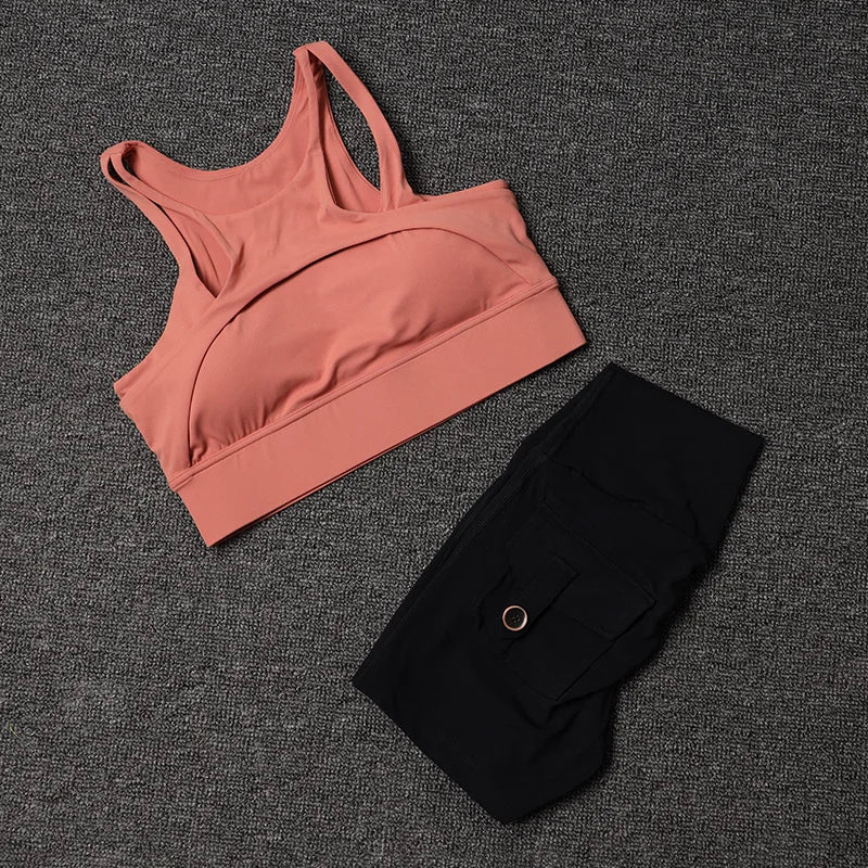 Women's Tracksuit Shorts Yoga Set With Pocket High Waist Sportswear Bra Fitness Workout Leggings Cycling Gym Shorts Sports Suit