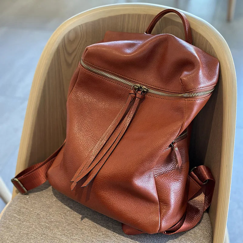 Tanned Leather Backpack Women's Vintage Genuine Bag Simple Top Layer Cowhide Travel Large Capacity Bags